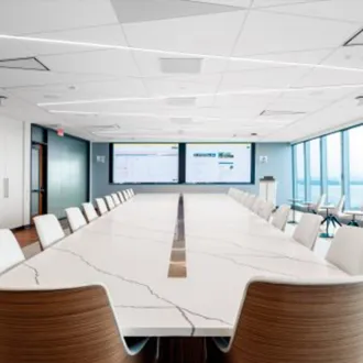 Office conference room with sound absorber ceiling tiles