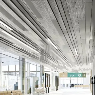 metal ceiling panels running through a hallway